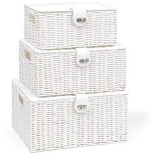 ARPAN Set of 3 Resin Woven Storage Basket Box With Lid & Lock (White) ARPAN Set of 3 Resin Woven Storage Basket Box With Lid & Lock (White)