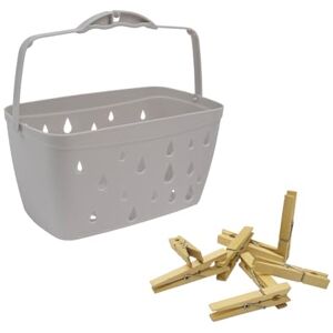 JVL Plastic Peg Basket, Grey with 24 Wooden Retro Pegs, Brown JVL Plastic Peg Basket, Grey with 24 Wooden Retro Pegs, Brown