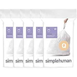 simplehuman Code Q 100 Liners, 50% Recycled Custom Fit Bin Bags in Dispenser Packs, Durable Drawstring Tie Handle, 50-65L, White simplehuman Code Q 100 Liners, 50% Recycled Custom Fit Bin Bags in Dispenser Packs, Durable Drawstring Tie Handle, 50-65L, White