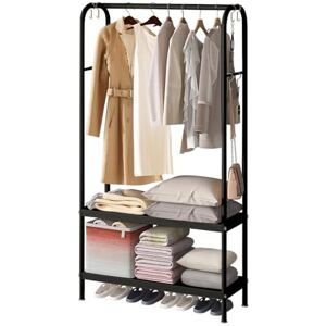 Zstar Metal Clothes Rack for Hanging Clothes, Freestanding Clothes Rack with 2-Tier Shelves, 6 Hooks, Coat Stand for Shop, Bedroom, Dressing Room, 80 x 33 x 172 cm, Black Zstar Metal Clothes Rack for Hanging Clothes, Freestanding Clothes Rack with 2-Tier Shelves, 6 Hooks, Coat Stand for Shop, Bedroom, Dressing Room, 80 x 33 x 172 cm, Black