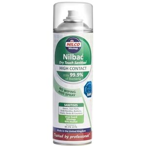 Nilco Nilbac ‘Dry Touch Sanitiser’ 500ml HIGH CONTACT frequent use aerosol with Virus Guard logy NO WIPING JUST SPRAY KILLS 99.9% of Bacteria Nilco Nilbac ‘Dry Touch Sanitiser’ 500ml HIGH CONTACT frequent use aerosol with Virus Guard logy NO WIPING JUST SPRAY KILLS 99.9% of Bacteria