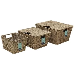 JVL Seagrass Set of 3 Rectangular Lidded Storage Storage Baskets, Natural JVL Seagrass Set of 3 Rectangular Lidded Storage Storage Baskets, Natural