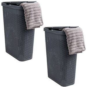 Mind Reader 40L Slim Laundry Hamper, Clothes Basket, Lid, Wicker Design, Plastic, 18"L x 10.4"W x 23.5"H, Set of 2, Gray Mind Reader 40L Slim Laundry Hamper, Clothes Basket, Lid, Wicker Design, Plastic, 18"L x 10.4"W x 23.5"H, Set of 2, Gray