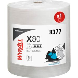 Wypall X80 Power Clean Cloths, White Reusable Industrial Cleaning Cloths, for High-Duty Cleaning, 1 Large Wiper Roll x 455 Sheet, Model nr. 8377 Wypall X80 Power Clean Cloths, White Reusable Industrial Cleaning Cloths, for High-Duty Cleaning, 1 Large Wiper Roll x 455 Sheet, Model nr. 8377