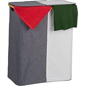 Relaxdays Laundry Basket, 2 Sections, Bamboo & Polyester, Lid & Handles, Foldable Hamper, HWD: 66x45x36.5 cm, Grey/White, 65.5x54x33.5 cm Relaxdays Laundry Basket, 2 Sections, Bamboo & Polyester, Lid & Handles, Foldable Hamper, HWD: 66x45x36.5 cm, Grey/White, 65.5x54x33.5 cm