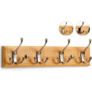 LARHN Wall-Mounted Coat Rack 4 Matt-Nickel Triple Coat Hooks for Wall on Stylish Wooden Bamboo Base 42 cm All Fixings Included LARHN Wall-Mounted Coat Rack 4 Matt-Nickel Triple Coat Hooks for Wall on Stylish Wooden Bamboo Base 42 cm All Fixings Included