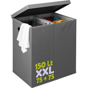 BAKAJI Dirty Laundry Basket 150 L with 2 Compartments, Double Basket with Pull-Out Bags for Laundry and Laundry Sorting Tray with Metal Handles, Odour Proof Lid, 64 x 36 x 65 cm BAKAJI Dirty Laundry Basket 150 L with 2 Compartments, Double Basket with Pull-Out Bags for Laundry and Laundry Sorting Tray with Metal Handles, Odour Proof Lid, 64 x 36 x 65 cm