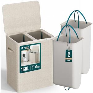 VOUNOT ® 150L Laundry Basket with Lid, Rectangular 2 Compartment Laundry Hamper with Removable Bags & Handles, Foldable Laundry Bin for Bedroom, Bathroom, Utility Room, Beige VOUNOT ® 150L Laundry Basket with Lid, Rectangular 2 Compartment Laundry Hamper with Removable Bags & Handles, Foldable Laundry Bin for Bedroom, Bathroom, Utility Room, Beige