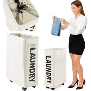 BAKAJI Dirty Laundry Basket Slim Space Saving Foldable Fabric Decoration Mesh Handle Handle 4 Wheels 39 x 20 x 56 cm (Beige) BAKAJI Dirty Laundry Basket Slim Space Saving Foldable Fabric Decoration Mesh Handle Handle 4 Wheels 39 x 20 x 56 cm (Beige)