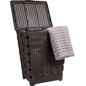 Mind Reader 61L Foldable Laundry Hamper, Clothes Basket, Lid, Wicker Design, Plastic, 18"L x 14.5"W x 21.25"H, Brown Mind Reader 61L Foldable Laundry Hamper, Clothes Basket, Lid, Wicker Design, Plastic, 18"L x 14.5"W x 21.25"H, Brown