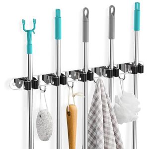Cheerhom Wall Broom Holder with 5 Holders + 4 Hooks - Wall Mount Broom Storage Cheerhom Wall Broom Holder with 5 Holders + 4 Hooks - Wall Mount Broom Storage