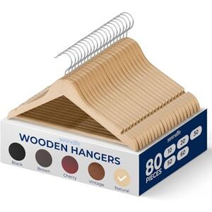 SereneLife Home Solid Wooden Hangers, Mega Pack, 80 Pieces Hangers for Clothes, Heavy Duty Suit Hanger Set with Chrome 360 Degree Swivel Hook, Notched Design, Natural Wood Color SereneLife Home Solid Wooden Hangers, Mega Pack, 80 Pieces Hangers for Clothes, Heavy Duty Suit Hanger Set with Chrome 360 Degree Swivel Hook, Notched Design, Natural Wood Color