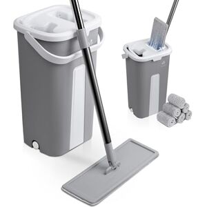 VOUNOT Mop Set with Bucket, Floor Mop for Wring Function, Flat Microfibre & Cleaning Set with Stainless Steel Handle, 6 Reusable Mop Replacement Covers, All Types of Floors, Grey VOUNOT Mop Set with Bucket, Floor Mop for Wring Function, Flat Microfibre & Cleaning Set with Stainless Steel Handle, 6 Reusable Mop Replacement Covers, All Types of Floors, Grey