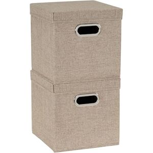 Household Essentials 802-1 Café Cube Bin Storage Set with Lids and Handles 2 Pack, Brown Linen Household Essentials 802-1 Café Cube Bin Storage Set with Lids and Handles 2 Pack, Brown Linen