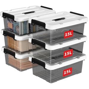 Cetomo 15L*6 Storage Boxes, Carry Plastic Storage Box with Lids, Organizing Container with Handle and Secure Latching Buckles, Stackable, Nestable, Tote Bin for Home Clothes, 15L-6Pack, Clear Black Cetomo 15L*6 Storage Boxes, Carry Plastic Storage Box with Lids, Organizing Container with Handle and Secure Latching Buckles, Stackable, Nestable, Tote Bin for Home Clothes, 15L-6Pack, Clear Black