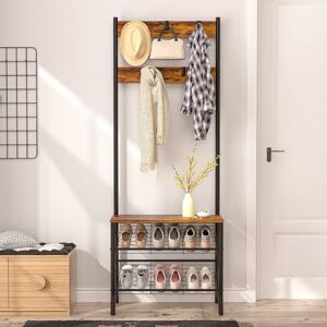 VECELO Coat Stand with Shoe Storage Bench, Hall Tree with 2 Tier Shoe Rack, 5 Removable Hooks, Metal Frame, 3-in-1 Design for Entry Furniture/Hallway, Industrial, Retro Brown VECELO Coat Stand with Shoe Storage Bench, Hall Tree with 2 Tier Shoe Rack, 5 Removable Hooks, Metal Frame, 3-in-1 Design for Entry Furniture/Hallway, Industrial, Retro Brown