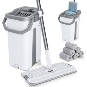 VOUNOT Flat Mop and Bucket set, 2-in-1 Hands Free Squeeze Mop User-Friendly Design, Includes 6 Reusable Microfiber Mop Pads, White VOUNOT Flat Mop and Bucket set, 2-in-1 Hands Free Squeeze Mop User-Friendly Design, Includes 6 Reusable Microfiber Mop Pads, White