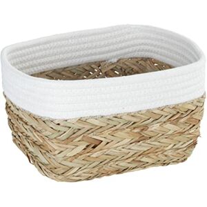 WENKO Rika storage basket M, decorative storage box for small accessories made of natural bristlegrass with cotton fabric, 80% natural fibre and 20% cotton, 18 x 25 x 15 cm, brown/white WENKO Rika storage basket M, decorative storage box for small accessories made of natural bristlegrass with cotton fabric, 80% natural fibre and 20% cotton, 18 x 25 x 15 cm, brown/white