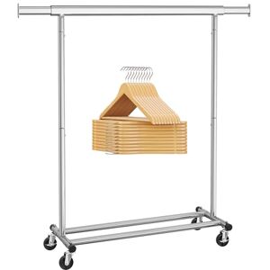 SONGMICS Clothes Rack with 20 Wooden Hangers, Clothing Rack with Wheels and Extendable Rail, Solid Wood Coat Hangers with 360?Swivel Hook, Silver, Natural and Silver HSW013S01 SONGMICS Clothes Rack with 20 Wooden Hangers, Clothing Rack with Wheels and Extendable Rail, Solid Wood Coat Hangers with 360?Swivel Hook, Silver, Natural and Silver HSW013S01