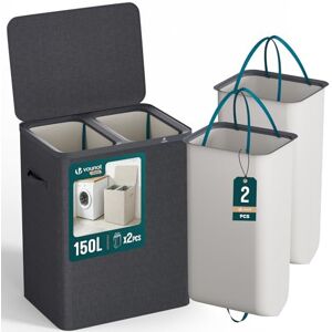 VOUNOT ® 150L Laundry Basket with Lid, Rectangular 2 Compartment Laundry Hamper with Removable Bags & Handles, Foldable Laundry Bin for Bedroom, Bathroom, Utility Room, Anthracite VOUNOT ® 150L Laundry Basket with Lid, Rectangular 2 Compartment Laundry Hamper with Removable Bags & Handles, Foldable Laundry Bin for Bedroom, Bathroom, Utility Room, Anthracite