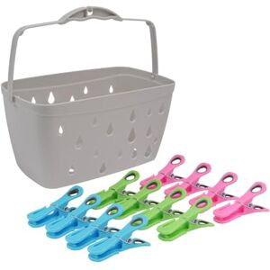 JVL Plastic Peg Basket, Grey with 48 Prism Clip Pegs with Hooks, Multi JVL Plastic Peg Basket, Grey with 48 Prism Clip Pegs with Hooks, Multi