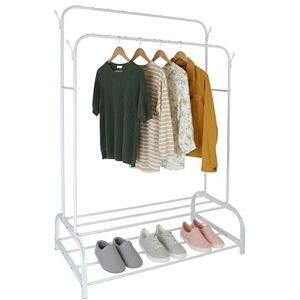 Relaxdays clothing rack, HxWxD: 155 x 110 x 55 cm, 2 shelves & 2 rails, 4 hooks, freestanding, white, Plastic, Iron Relaxdays clothing rack, HxWxD: 155 x 110 x 55 cm, 2 shelves & 2 rails, 4 hooks, freestanding, white, Plastic, Iron