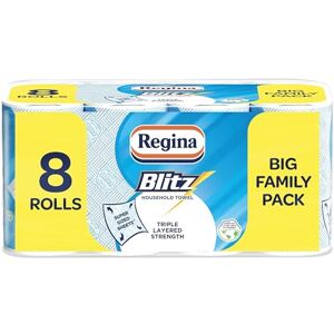 Regina Blitz Household Towels – 8 Triple Layered Rolls, 70 Sheets Per Roll, Paper Packaging, FSC Certified Paper, Recyclable Packaging, 60% Larger Than Standard Kitchen Roll Sheets Regina Blitz Household Towels – 8 Triple Layered Rolls, 70 Sheets Per Roll, Paper Packaging, FSC Certified Paper, Recyclable Packaging, 60% Larger Than Standard Kitchen Roll Sheets