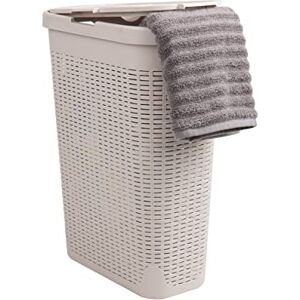 Mind Reader 40L Slim Laundry Hamper, Clothes Basket, Lid, Wicker Design, Plastic, 18"L x 10.4"W x 23.5"H, Ivory Mind Reader 40L Slim Laundry Hamper, Clothes Basket, Lid, Wicker Design, Plastic, 18"L x 10.4"W x 23.5"H, Ivory