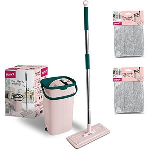YORK Flat mop mobile phone with handle and bucket, made of microfibre, absorbent, for floor cleaning, without water stains, pink-green, 2 extra cartridges, bucket capacity: 6 litres, length of the YORK Flat mop mobile phone with handle and bucket, made of microfibre, absorbent, for floor cleaning, without water stains, pink-green, 2 extra cartridges, bucket capacity: 6 litres, length of the