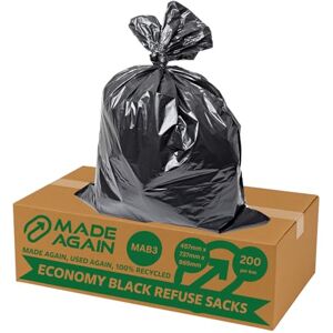 Made Again 200 Economy Black Refuse Sacks, 100L, Bin Bags, MAB3, Multi Purpose Everday Use, For Household Garbage, Kitchen, Office, Large Liners, Recycled, Tear Resistant Made Again 200 Economy Black Refuse Sacks, 100L, Bin Bags, MAB3, Multi Purpose Everday Use, For Household Garbage, Kitchen, Office, Large Liners, Recycled, Tear Resistant