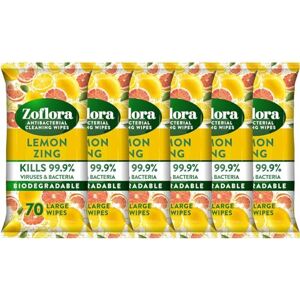 Zoflora Lemon Zing Large Biodegradeable Wipes, Antibacterial Cleaning, 6 x 70 Wipes Pack, Multi-Surface Disinfectant, Removes Odours & Kills 99.9% of Bacteria & Viruses Zoflora Lemon Zing Large Biodegradeable Wipes, Antibacterial Cleaning, 6 x 70 Wipes Pack, Multi-Surface Disinfectant, Removes Odours & Kills 99.9% of Bacteria & Viruses