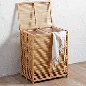 BAKAJI Dirty Bamboo Laundry Basket with Grey Fabric for Home Bathroom with 2 Compartments Space Saving Storage Box with Lid and Extendable Bag, 50 x 35 x 60 cm BAKAJI Dirty Bamboo Laundry Basket with Grey Fabric for Home Bathroom with 2 Compartments Space Saving Storage Box with Lid and Extendable Bag, 50 x 35 x 60 cm