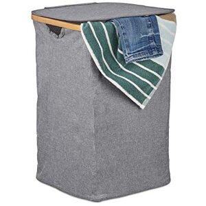 Relaxdays Lidded Laundry Hamper, Folding Clothes Basket, Bamboo & Fabric, Square, Portable, 42 Litres, Grey, Polyester, One Item Relaxdays Lidded Laundry Hamper, Folding Clothes Basket, Bamboo & Fabric, Square, Portable, 42 Litres, Grey, Polyester, One Item