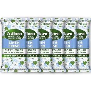 Zoflora Linen Fresh Biodegradable Wipes, Antibacterial Multi-surface Cleaning Wipes, Kills 99,9% of Bacteria & Viruses, Convenient, Quick Cleaning, 6 Pack, 70 per Pack (420 Sheets) Zoflora Linen Fresh Biodegradable Wipes, Antibacterial Multi-surface Cleaning Wipes, Kills 99,9% of Bacteria & Viruses, Convenient, Quick Cleaning, 6 Pack, 70 per Pack (420 Sheets)
