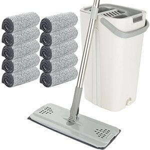 ASelected Flat Mop and Bucket set, Hands Free Squeeze Mop with 10 Reusable Microfiber Mop Pads and Stainless Steel 123cm Long Handle, Microfiber Floor Mop for Tiled, Marble, Hardwood ASelected Flat Mop and Bucket set, Hands Free Squeeze Mop with 10 Reusable Microfiber Mop Pads and Stainless Steel 123cm Long Handle, Microfiber Floor Mop for Tiled, Marble, Hardwood