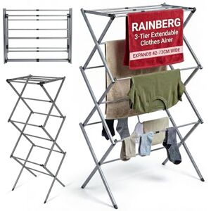 Rainberg 3 Tier Extendable Clothes Airer Indoor Outdoor, 38x73x106cm Size 8kg Capacity Slimline Laundry Rack, Space Saving Clothes Drying Rack, Rust-Resistant, Non-Slip Feet Foldable Heavy-Duty Design Rainberg 3 Tier Extendable Clothes Airer Indoor Outdoor, 38x73x106cm Size 8kg Capacity Slimline Laundry Rack, Space Saving Clothes Drying Rack, Rust-Resistant, Non-Slip Feet Foldable Heavy-Duty Design