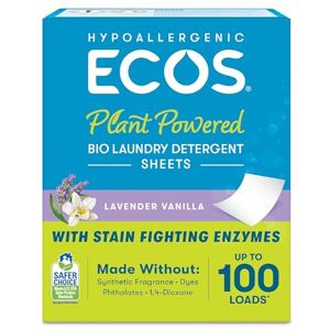 ECOS Hypoallergenic Laundry Detergent Sheets Fragrance-Free for Sensitive Skin, Plant Powered, Compact Plastic Free Packaging, Results at All Temperatures, Lavender & Vanilla, 50 Count ECOS Hypoallergenic Laundry Detergent Sheets Fragrance-Free for Sensitive Skin, Plant Powered, Compact Plastic Free Packaging, Results at All Temperatures, Lavender & Vanilla, 50 Count