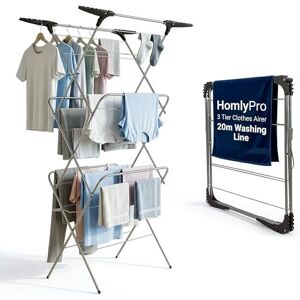 HomlyPro 3 Tier Clothes Airer 20m Washing Line, Foldable Laundry Rack with Heavy Duty Steel Frame, Non-Slip Feet, Corner Hanger Hooks, Space Saving Clothes Drying Rack for Indoor Outdoor Use HomlyPro 3 Tier Clothes Airer 20m Washing Line, Foldable Laundry Rack with Heavy Duty Steel Frame, Non-Slip Feet, Corner Hanger Hooks, Space Saving Clothes Drying Rack for Indoor Outdoor Use