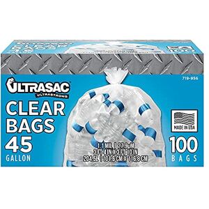 Ultrasac Heavy Duty 45 Gallon Garbage Bags (Huge 100 Pack w/Ties) 46' x 40' Industrial Quality Clear Trash Bags for Paper, Plastic, Cans, Bottles, Newspaper, Grass, Lawn Ultrasac Heavy Duty 45 Gallon Garbage Bags (Huge 100 Pack w/Ties) 46' x 40' Industrial Quality Clear Trash Bags for Paper, Plastic, Cans, Bottles, Newspaper, Grass, Lawn