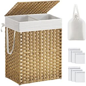 SONGMICS Laundry Basket with Lid, 90L Washing Basket 2 Compartments, Removable Liners with Handles, Handwoven Synthetic Rattan, for Bedroom, Bathroom, Laundry Room, 33x 46 x 60 cm, Natural LCB251N01V1 SONGMICS Laundry Basket with Lid, 90L Washing Basket 2 Compartments, Removable Liners with Handles, Handwoven Synthetic Rattan, for Bedroom, Bathroom, Laundry Room, 33x 46 x 60 cm, Natural LCB251N01V1