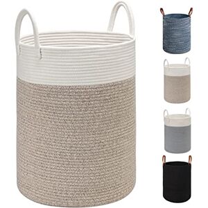 TOTANKI Large Cotton Rope Laundry Basket 40 cm (D) x 50 cm (H) Foldable Woven Basket with Leather Handles for Storing Clothes, Nappies, Toys (White/Brown) TOTANKI Large Cotton Rope Laundry Basket 40 cm (D) x 50 cm (H) Foldable Woven Basket with Leather Handles for Storing Clothes, Nappies, Toys (White/Brown)