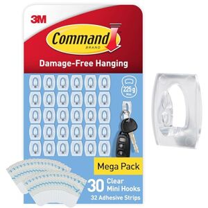 Command Clear Mini Hooks with Clear Strips, Multi Pack of 30 Hooks, 32 Adhesive Strips Indoor Use Suitable for Hanging Items up to 225g Damage Free Hanging Command Clear Mini Hooks with Clear Strips, Multi Pack of 30 Hooks, 32 Adhesive Strips Indoor Use Suitable for Hanging Items up to 225g Damage Free Hanging