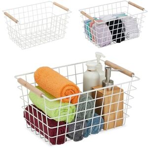 Relaxdays Wire Baskets, Set of 3, Wooden Handles, 16 x 31 x 21 cm, Shelf Tidy, Bathroom & Kitchen Organiser, White, Iron, Wood Relaxdays Wire Baskets, Set of 3, Wooden Handles, 16 x 31 x 21 cm, Shelf Tidy, Bathroom & Kitchen Organiser, White, Iron, Wood