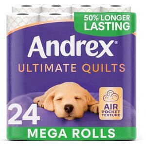 Andrex Ultimate Quilts 24 Mega Toilet Rolls = 36 Standard Toilet Rolls, 50% Longer Lasting Paper, Air Pocket Technology for Soft, Thick Sheets, FSC Certified Andrex Ultimate Quilts 24 Mega Toilet Rolls = 36 Standard Toilet Rolls, 50% Longer Lasting Paper, Air Pocket Technology for Soft, Thick Sheets, FSC Certified