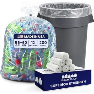 Plasticplace W55HDC1 55-60 gallon Trash Bags │ 12 Microns │ Clear High Density Garbage Can Liners │ 36” x 60” (200Count) Plasticplace W55HDC1 55-60 gallon Trash Bags │ 12 Microns │ Clear High Density Garbage Can Liners │ 36” x 60” (200Count)