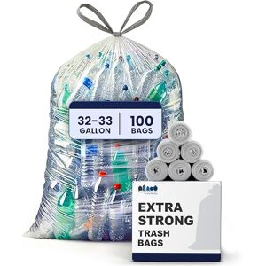 Plasticplace 32-33 Gallon Recycling Bags │ 0.8 Mil │ Clear Drawstring Garbage Can Liners │ 33" x 38" (100 Count) Plasticplace 32-33 Gallon Recycling Bags │ 0.8 Mil │ Clear Drawstring Garbage Can Liners │ 33" x 38" (100 Count)