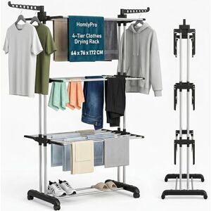 HomlyPro 4-Tier Clothes Drying Rack 64 x 76 x 172 CM Foldable Stainless-Steel Clothes Airer with Wheels, Adjustable Wings, Space Saving Garment Hanger Stand for Indoor Outdoor Home Use (Black) HomlyPro 4-Tier Clothes Drying Rack 64 x 76 x 172 CM Foldable Stainless-Steel Clothes Airer with Wheels, Adjustable Wings, Space Saving Garment Hanger Stand for Indoor Outdoor Home Use (Black)