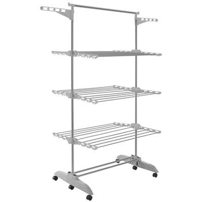 PORTENTUM Clothes airer drying rack – 5-Tier foldable to 14 cm with 58 hanger hooks – Up to 40 kg – horse-style dryer with 24 stainless-steel bars – Indoor and outdoor use – Swivel wheels with brake PORTENTUM Clothes airer drying rack – 5-Tier foldable to 14 cm with 58 hanger hooks – Up to 40 kg – horse-style dryer with 24 stainless-steel bars – Indoor and outdoor use – Swivel wheels with brake