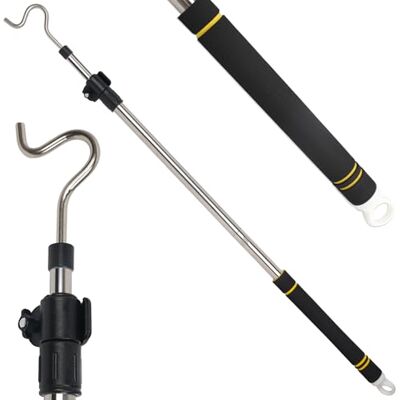 Frebuta Clothes hanger with telescopic adjustment hook is lightweight and can be extended from 37" to 65" with 4.7" hook and sponge handle Frebuta Clothes hanger with telescopic adjustment hook is lightweight and can be extended from 37" to 65" with 4.7" hook and sponge handle