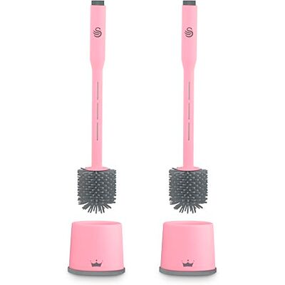 Swan x Lynsey Queen of Clean Two Set of Dispensing Toilet Brushes with Refillable Cleaning Solution Dispenser, Anti-Clog/Anti-Drip Silicone Bristles, Pink Swan x Lynsey Queen of Clean Two Set of Dispensing Toilet Brushes with Refillable Cleaning Solution Dispenser, Anti-Clog/Anti-Drip Silicone Bristles, Pink
